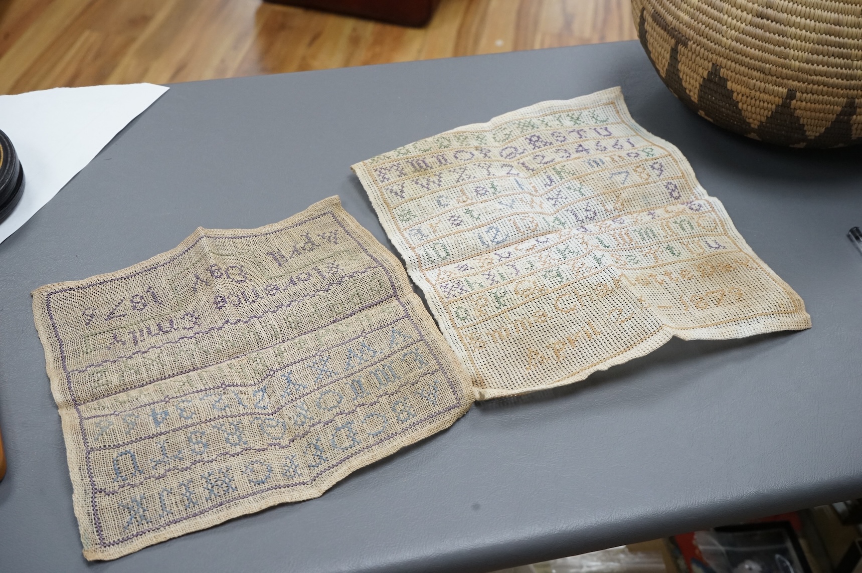 Two unframed large samplers, by Susanna and Ann Elizabeth Day, (sisters) both dated 1848. Two other unframed simpler alphabet samplers both by Florence Emily Day, dated 1876 and 1878. (4)